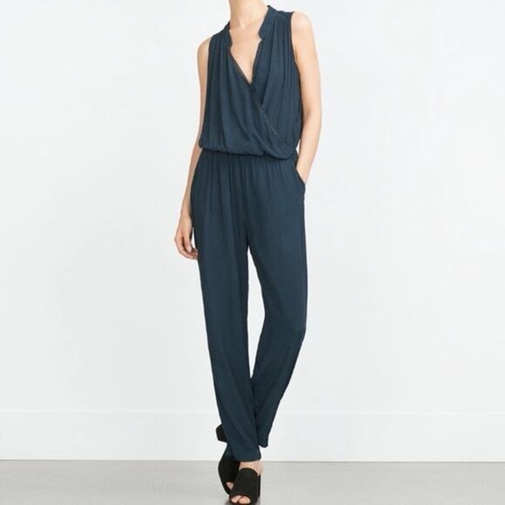 Zara Basic Beaded Sur-plice Neckline JumpsuitNavy Blue SZ L